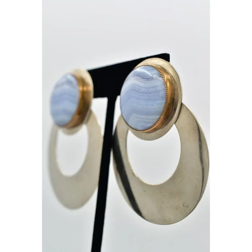 Dizan Diane Blother Vintage Clip On Earrings Blue Lace Agate Chunky Signed BinBK